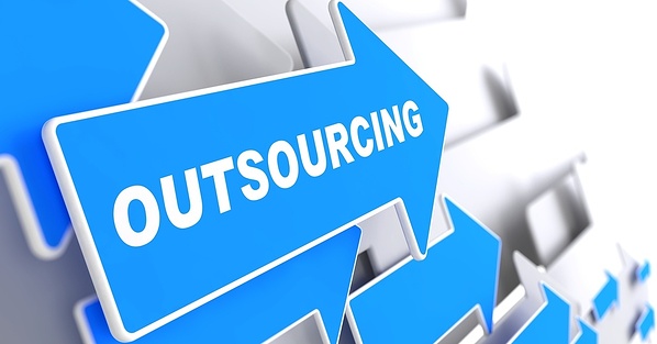 Outsourcing - Business Background. Blue Arrow with _Outsourcing_ Slogan on a Grey Background. 3D Render.